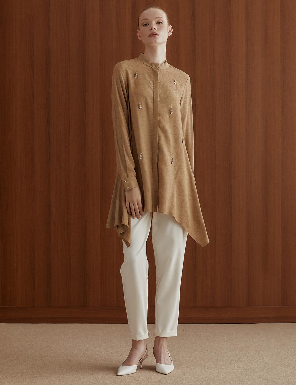 Embroidered Asymmetrical Cut Tunic Beige