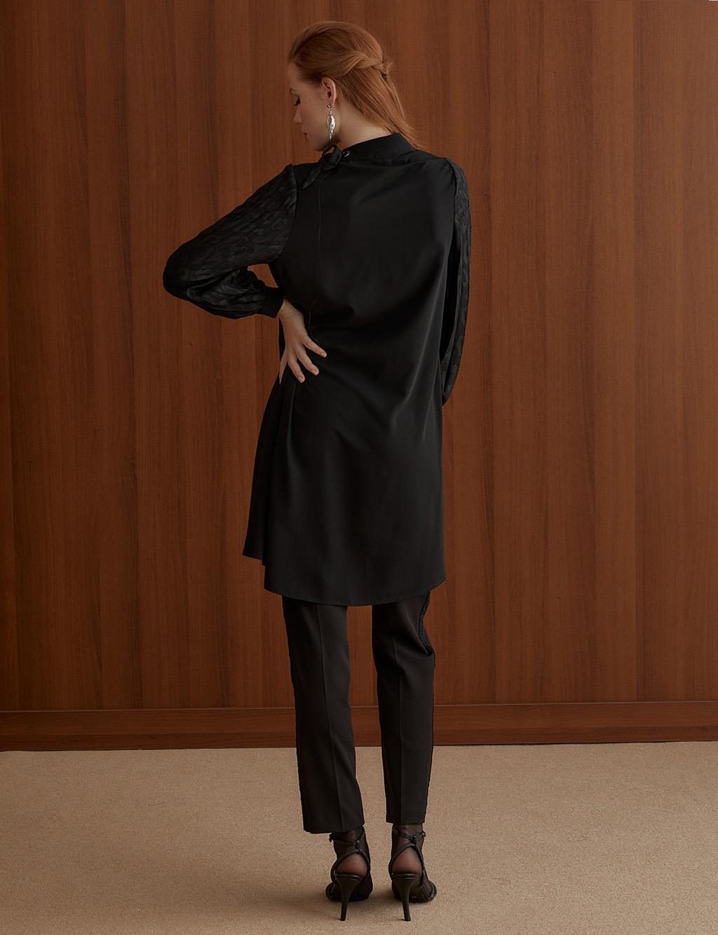 Sleeves Pleated Grandad Collar Tunic Black