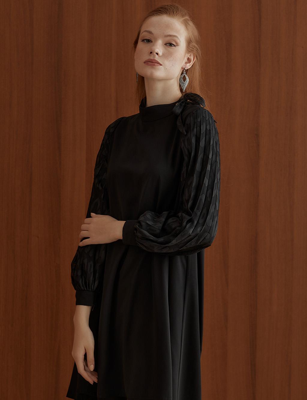 Sleeves Pleated Grandad Collar Tunic Black