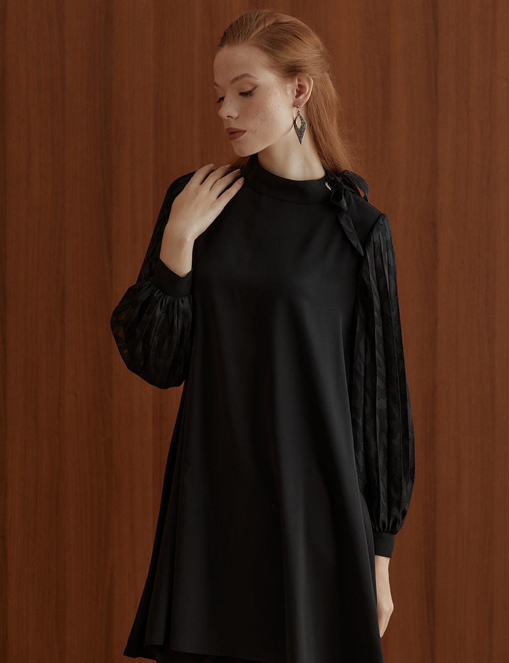 Sleeves Pleated Grandad Collar Tunic Black