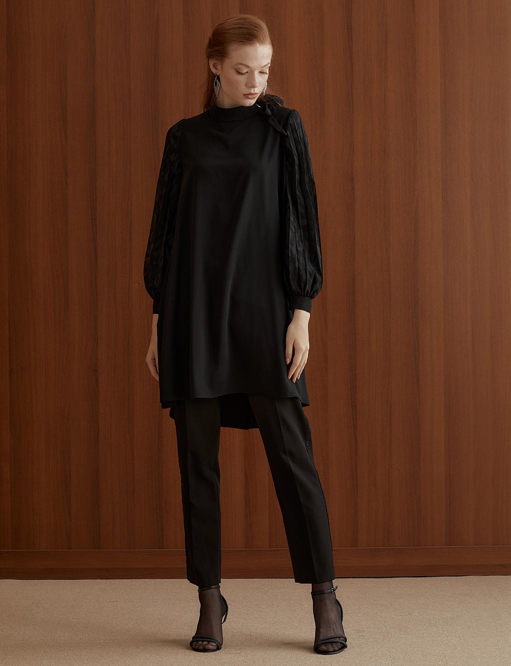 Sleeves Pleated Grandad Collar Tunic Black