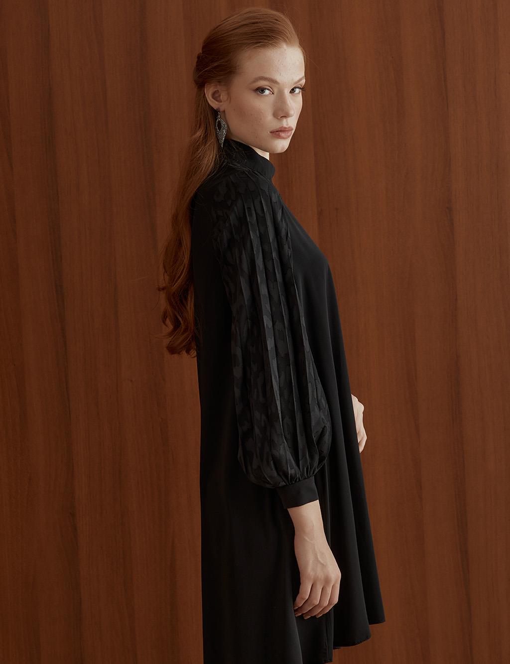 Sleeves Pleated Grandad Collar Tunic Black