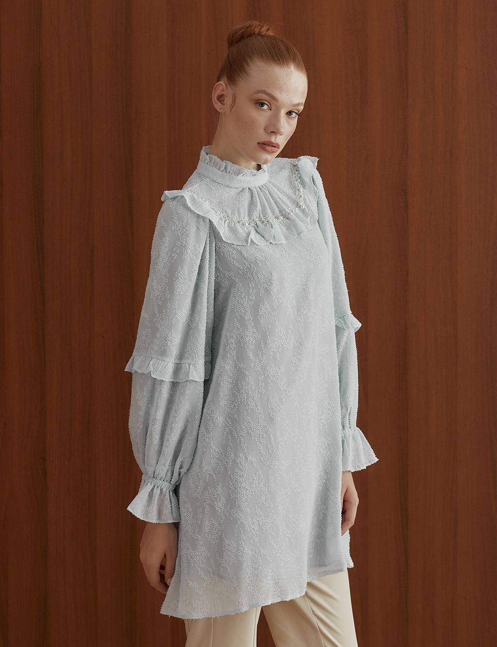 Embroidered Detailed Frilly Tunic Light Blue
