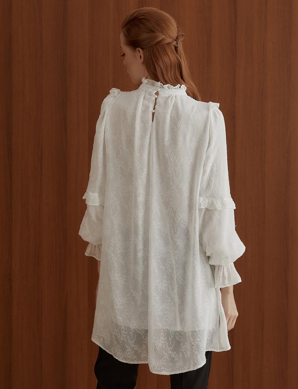 Embroidered Detailed Frilly Tunic White