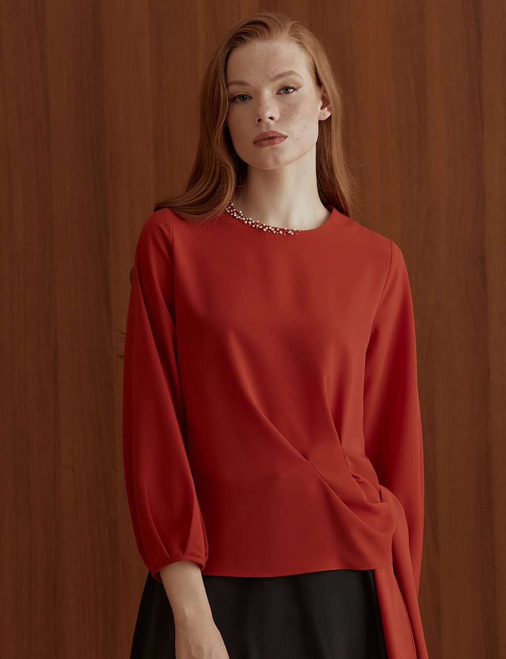 Embroidered Crew Neck Blouse Red