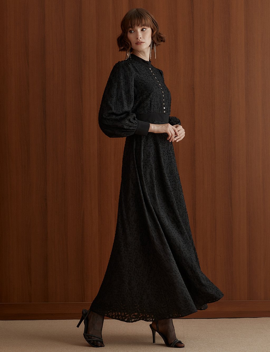 Jacquard Grandad Collar Dress Black