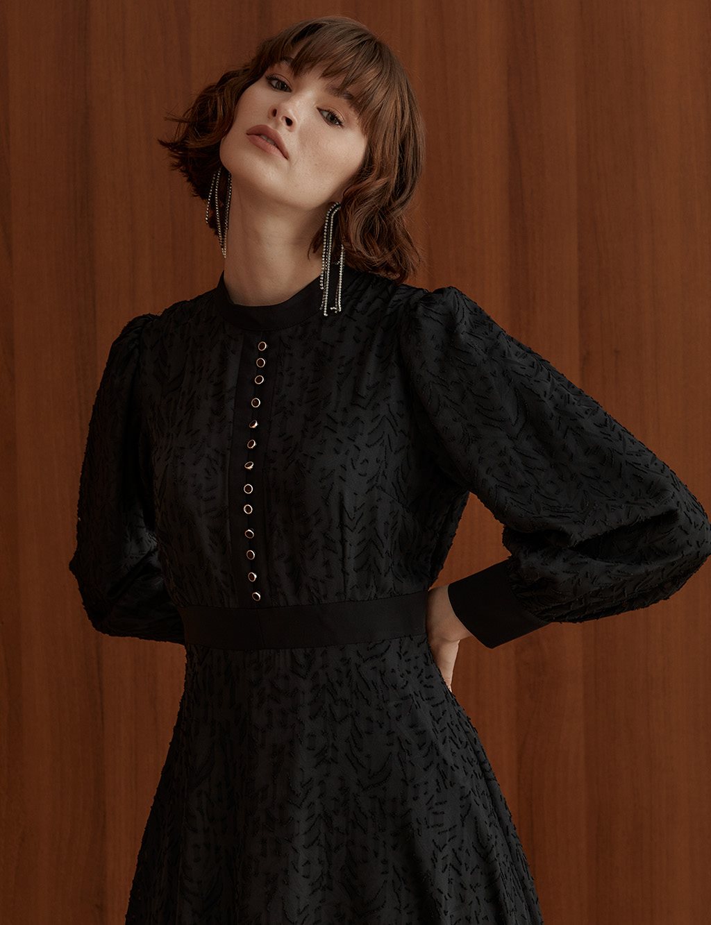 Jacquard Grandad Collar Dress Black