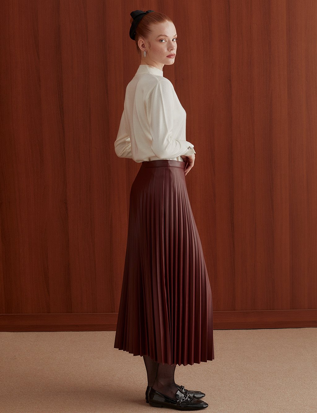 Pleated Casual Skirt Claret Red