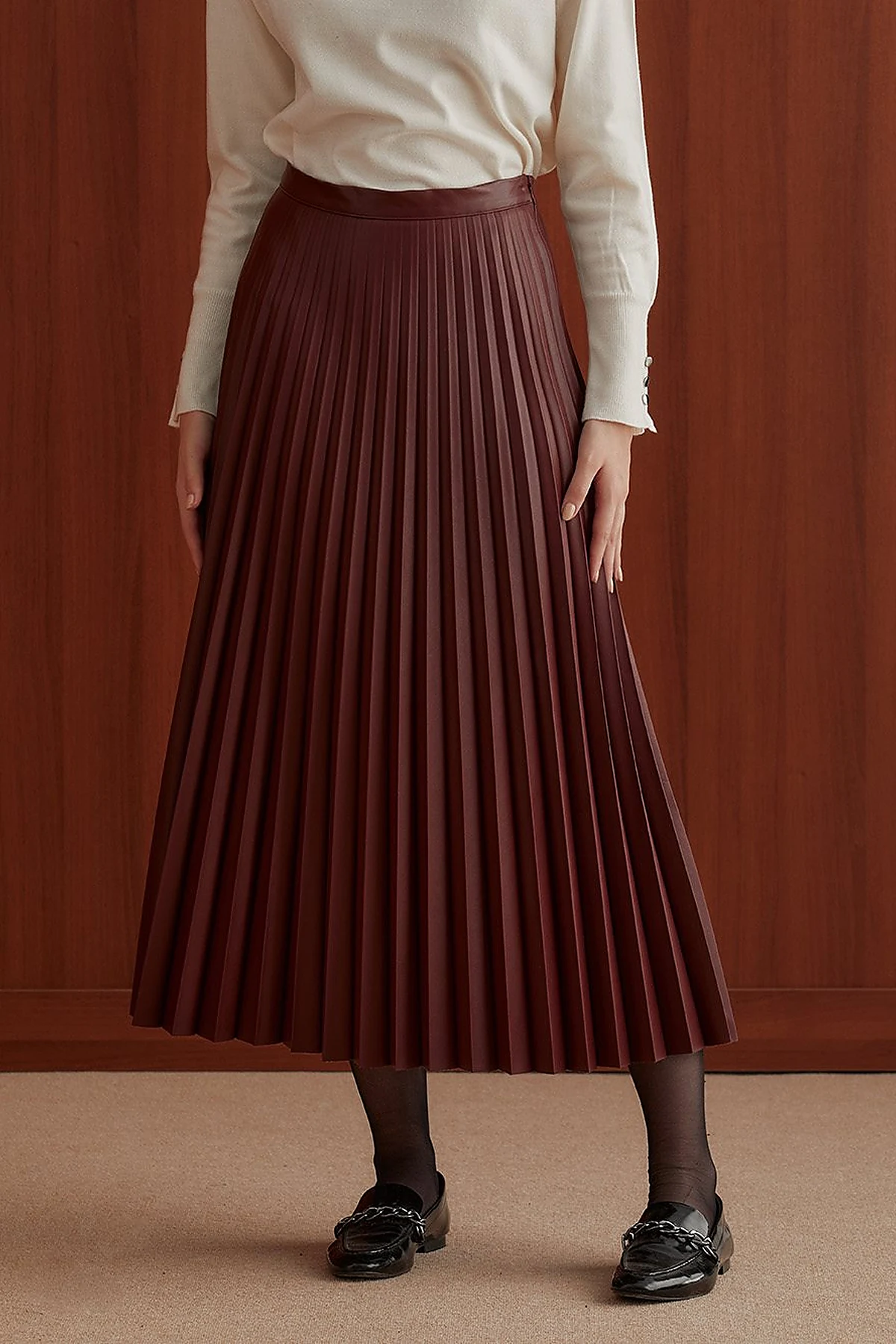 Piliseli Casual Suni Deri Etek Bordo