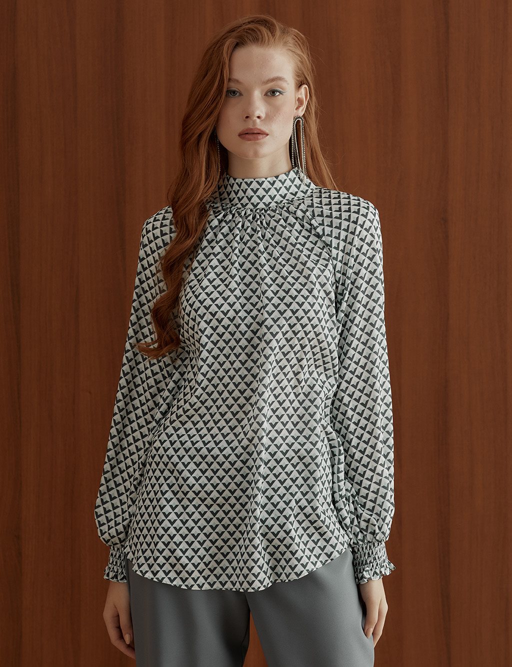 Geometric Pattern Twil Blouse Teal