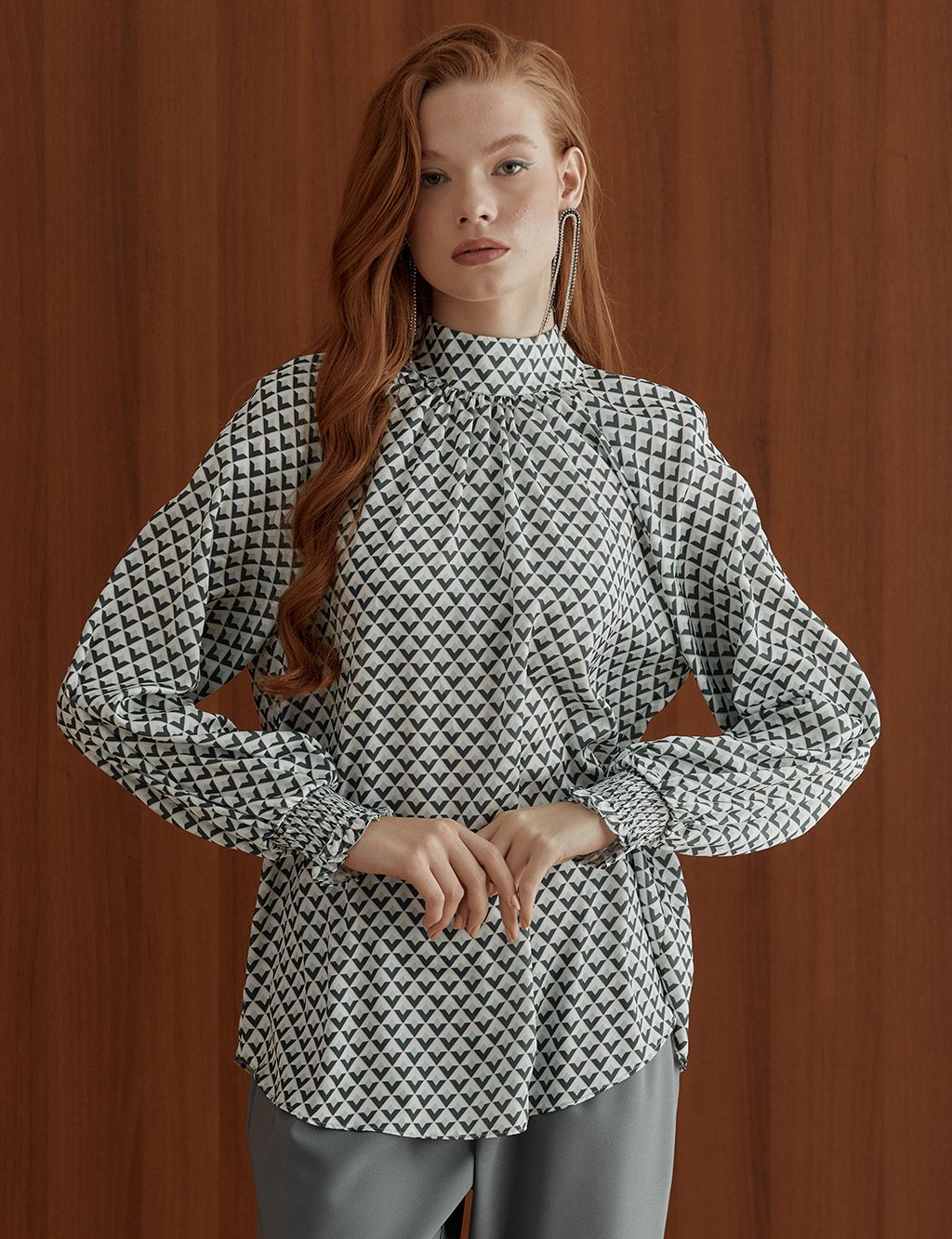 Geometric Pattern Twil Blouse Teal