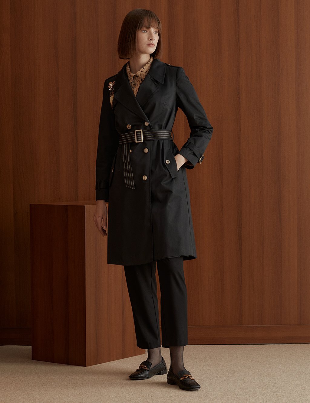 Embroidered Belted Trench Coat Black
