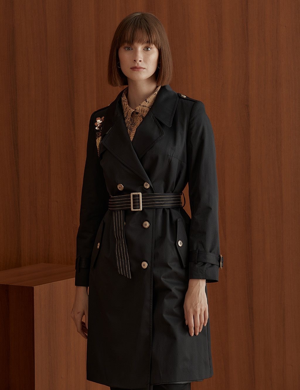 Embroidered Belted Trench Coat Black