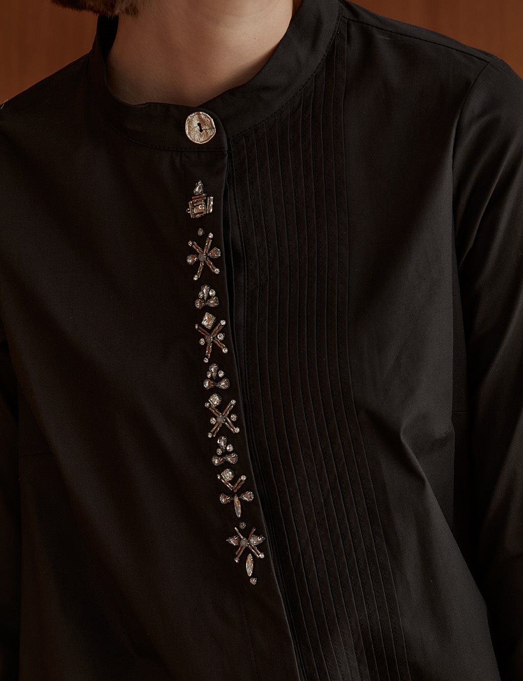 Ribbed Embroidered Grandad Collar Tunic Black