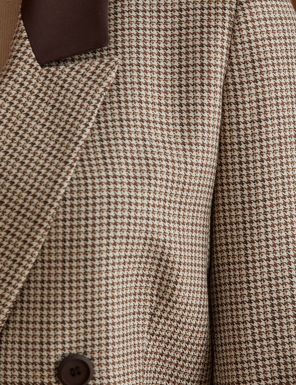 Houndstooth Patterned Double Breasted Jacket Brown-Cream
