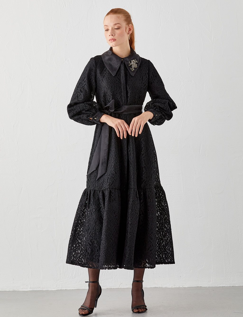 Belted Full Length Lace Dress Black