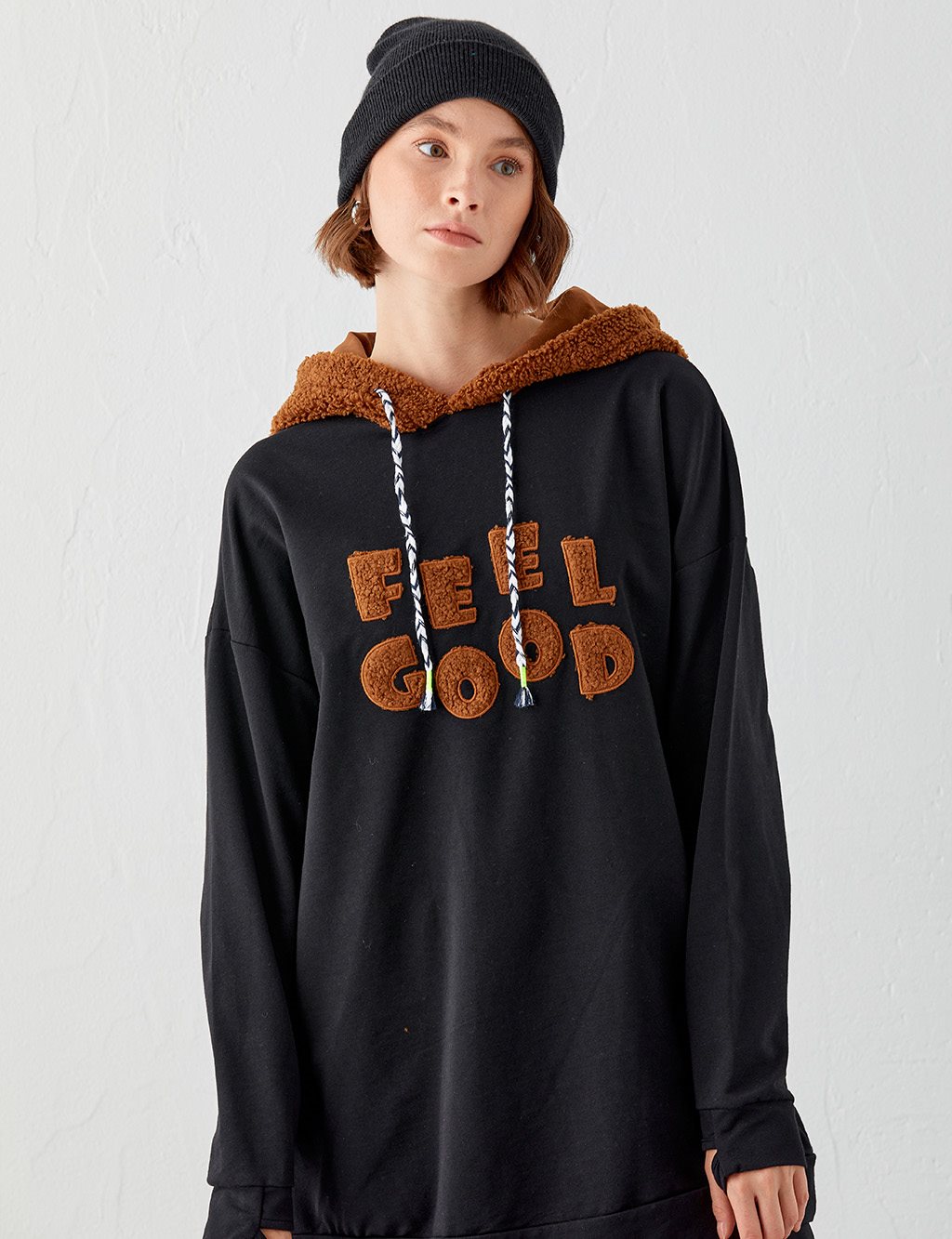 Slogan Detailed Plush Hooded Sweatshirt Black-Camel
