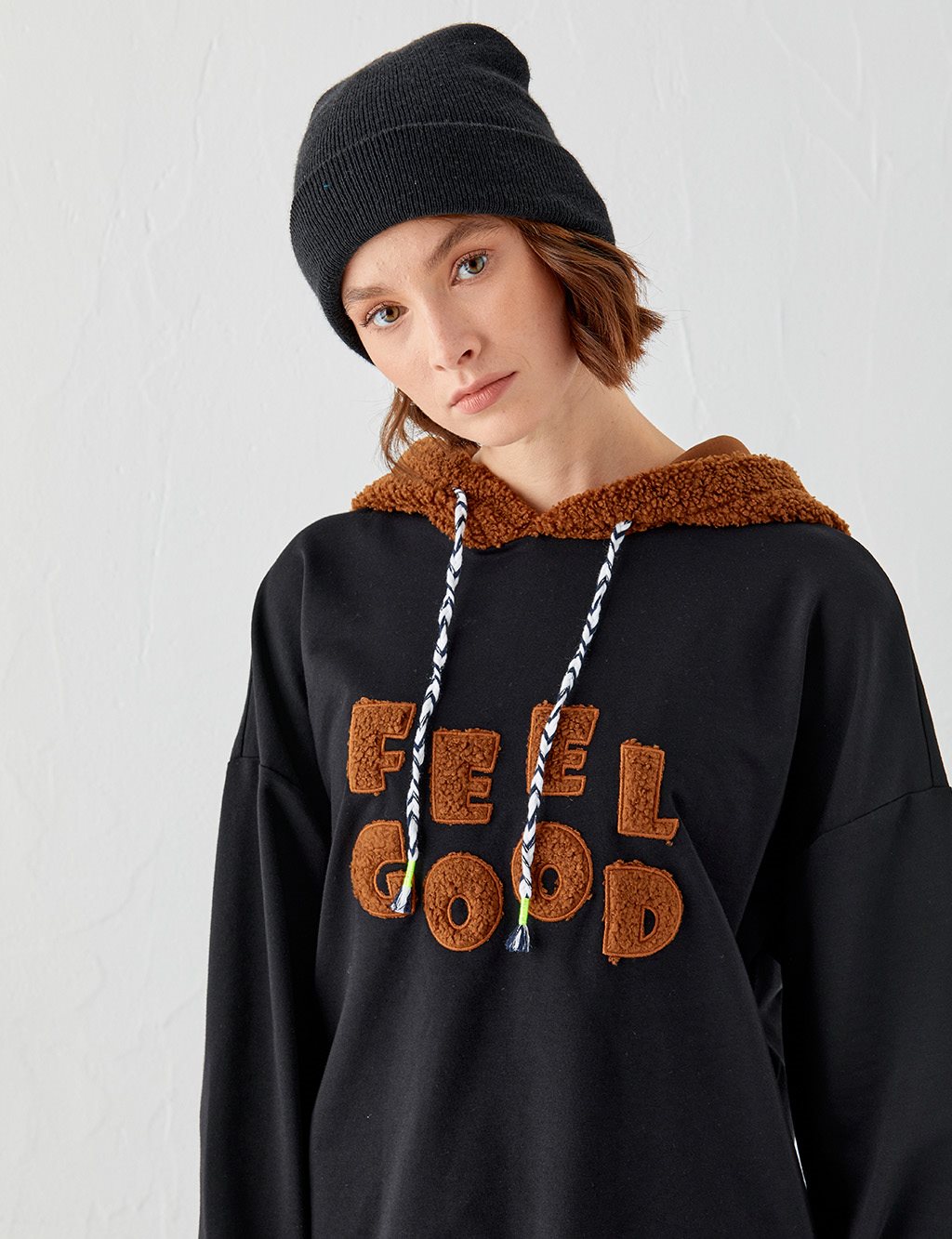 Slogan Detailed Plush Hooded Sweatshirt Black-Camel