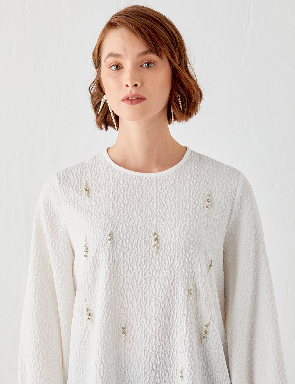 Boncuk İşlemeli Crinkle Tunik Ekru