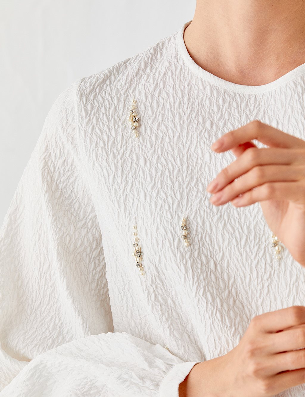 Boncuk İşlemeli Crinkle Tunik Ekru