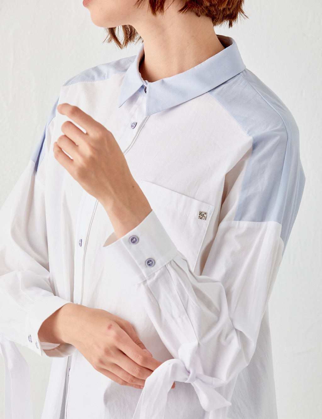 Renk Bloklu Şerit Detaylı Gömlek Tunik Mavi-Beyaz