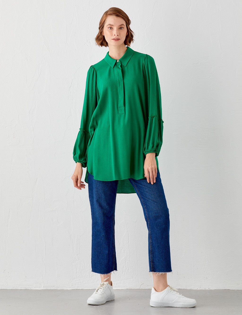 Half Placket Balloon Sleeve Tunic Green