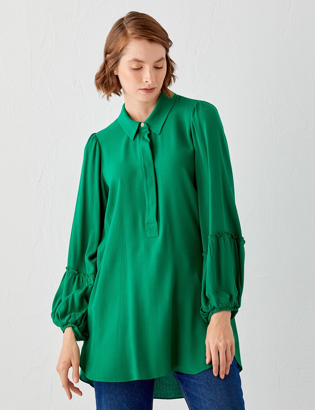 Half Placket Balloon Sleeve Tunic Green