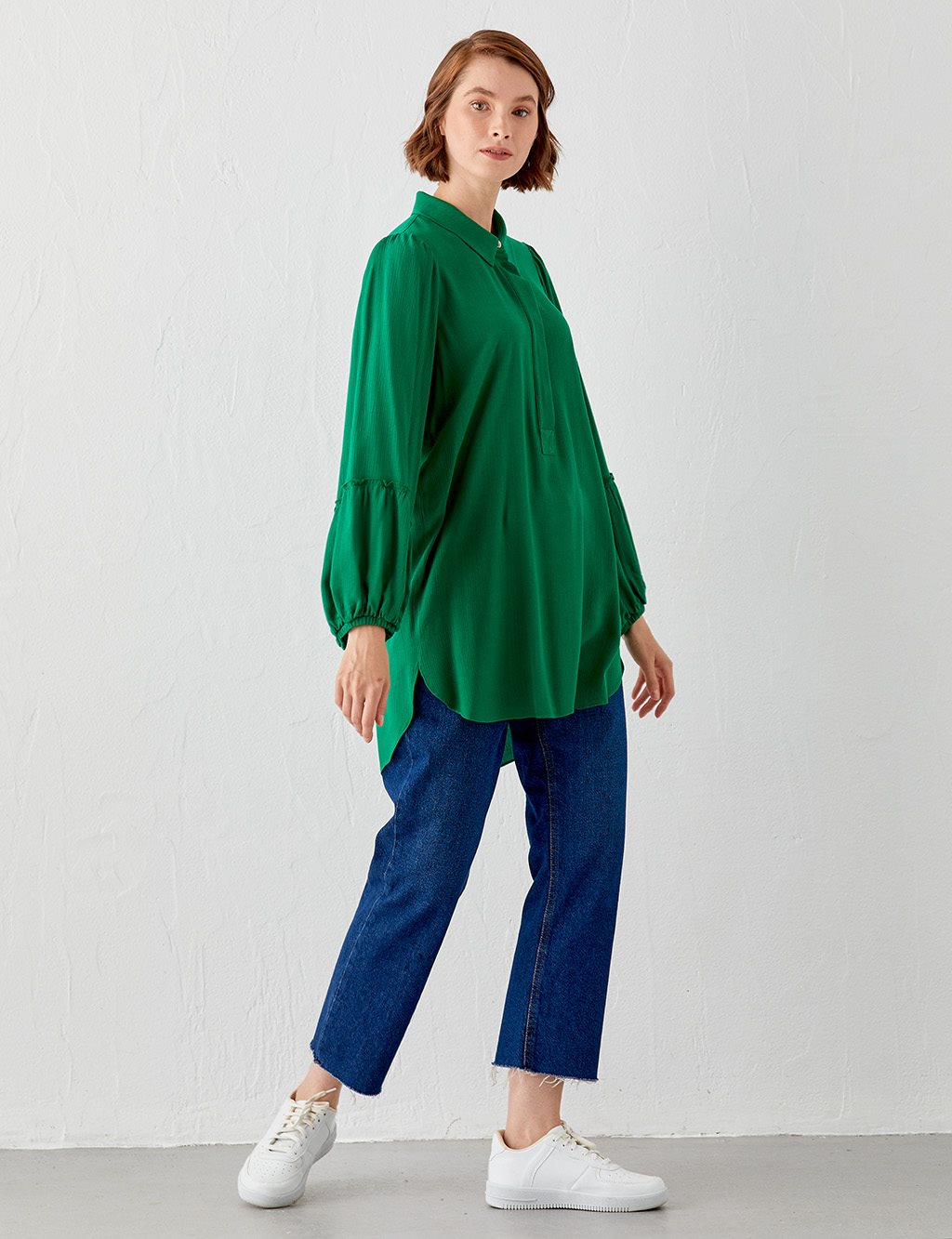 Half Placket Balloon Sleeve Tunic Green