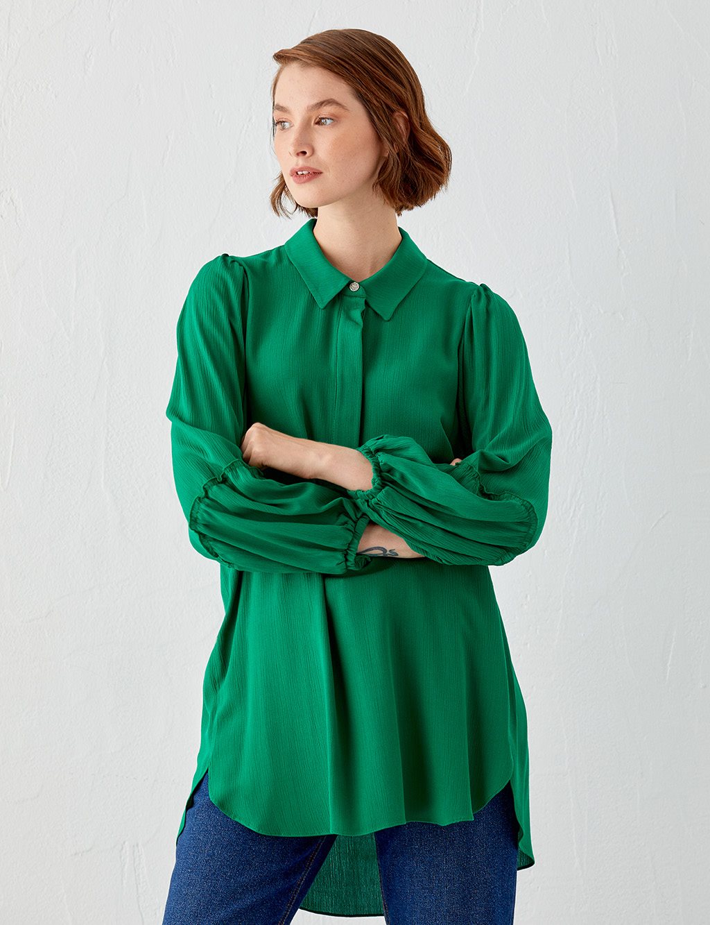 Half Placket Balloon Sleeve Tunic Green