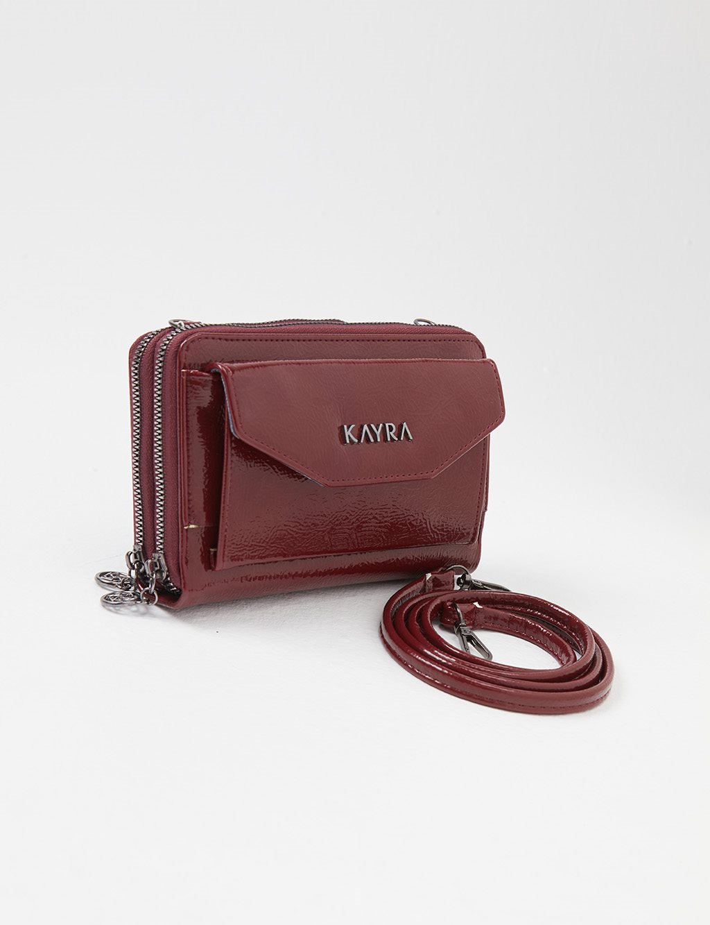 Double Compartment Shiny Leather Wallet Bag Claret Red
