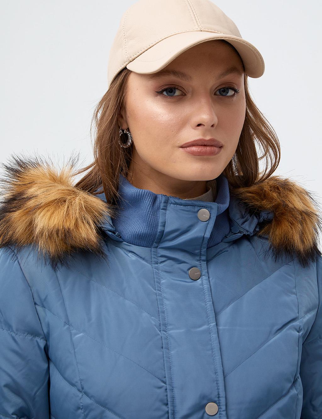 Waist Pleated Goose Down Filled Coat Sky Blue