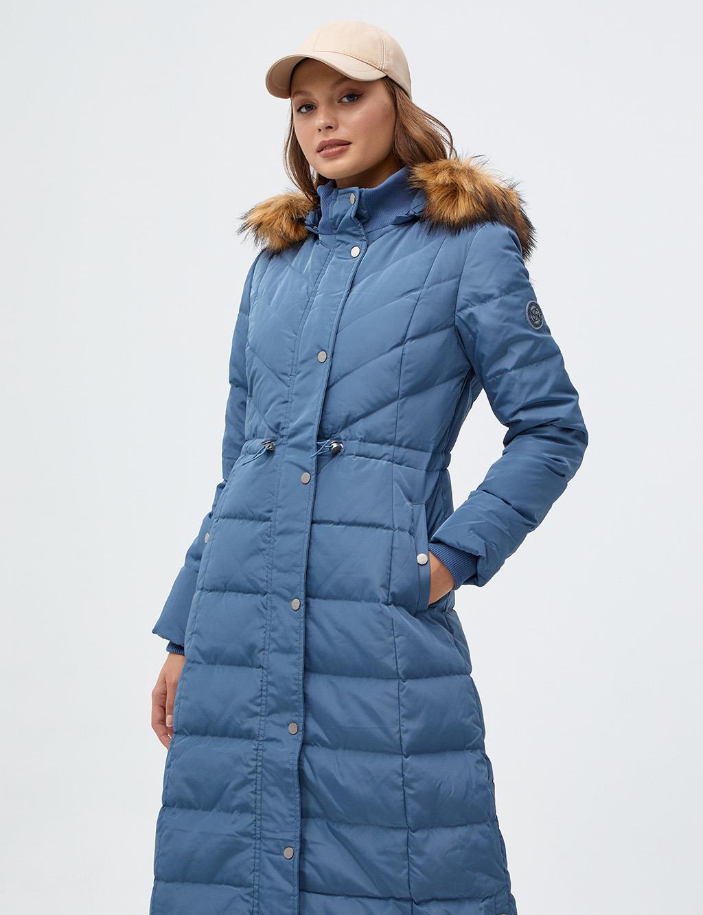  Waist Pleated Goose Down Filled Coat Sky Blue