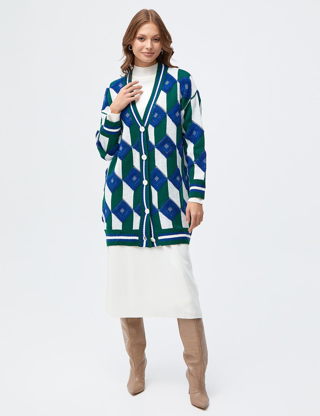 Patchwork Knitwear Cardigan Green-Navy