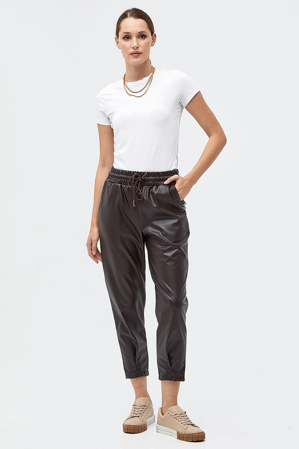  Elastic Waist Faux Leather Pants Brown 