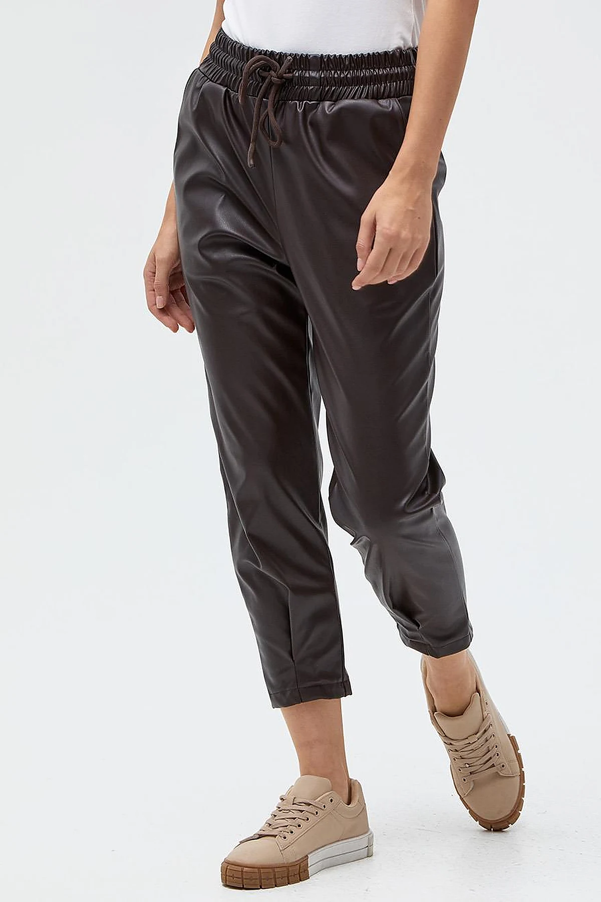 Elastic Waist Faux Leather Pants Brown 