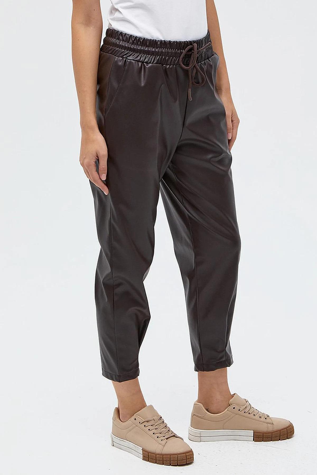  Elastic Waist Faux Leather Pants Brown 