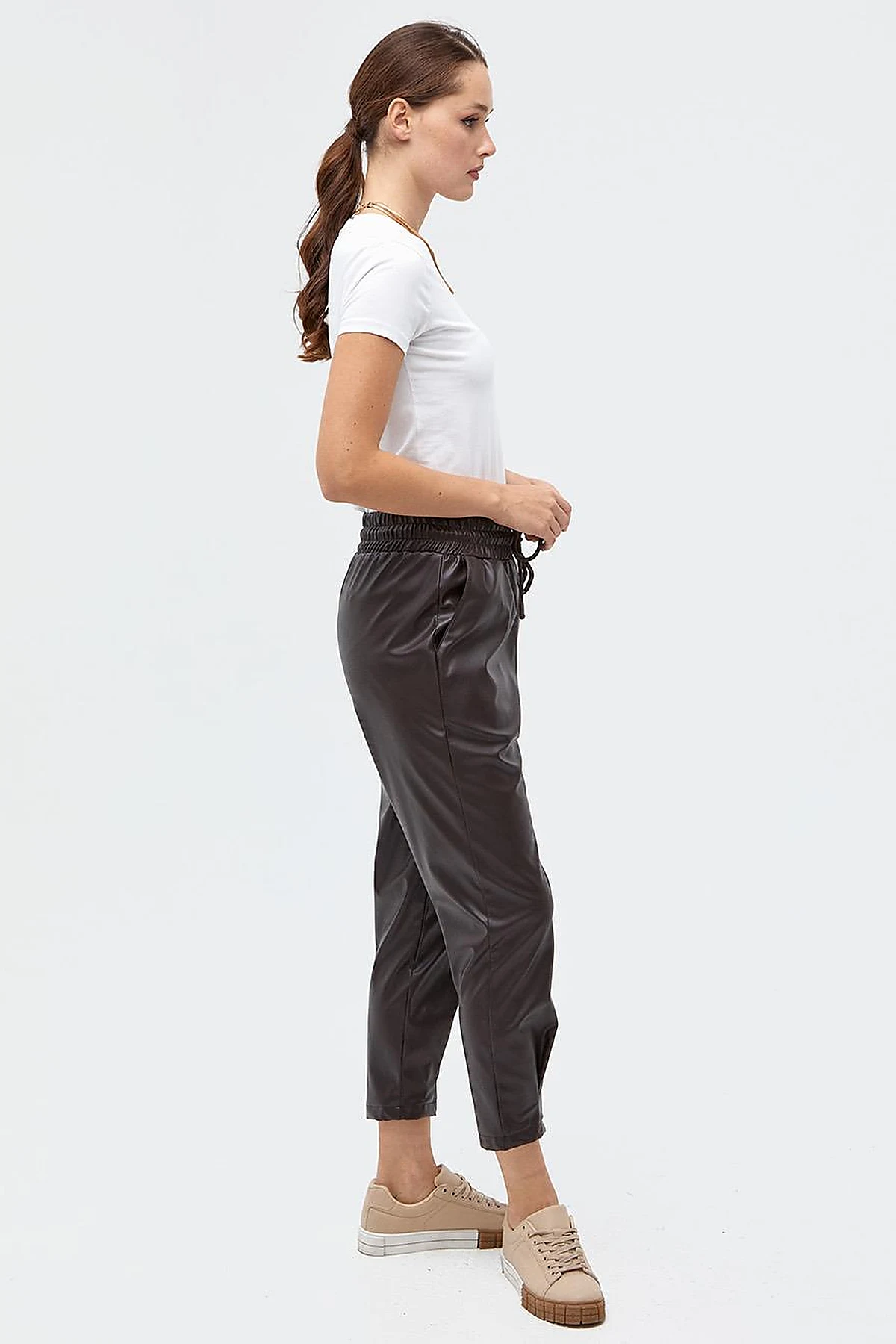  Elastic Waist Faux Leather Pants Brown 