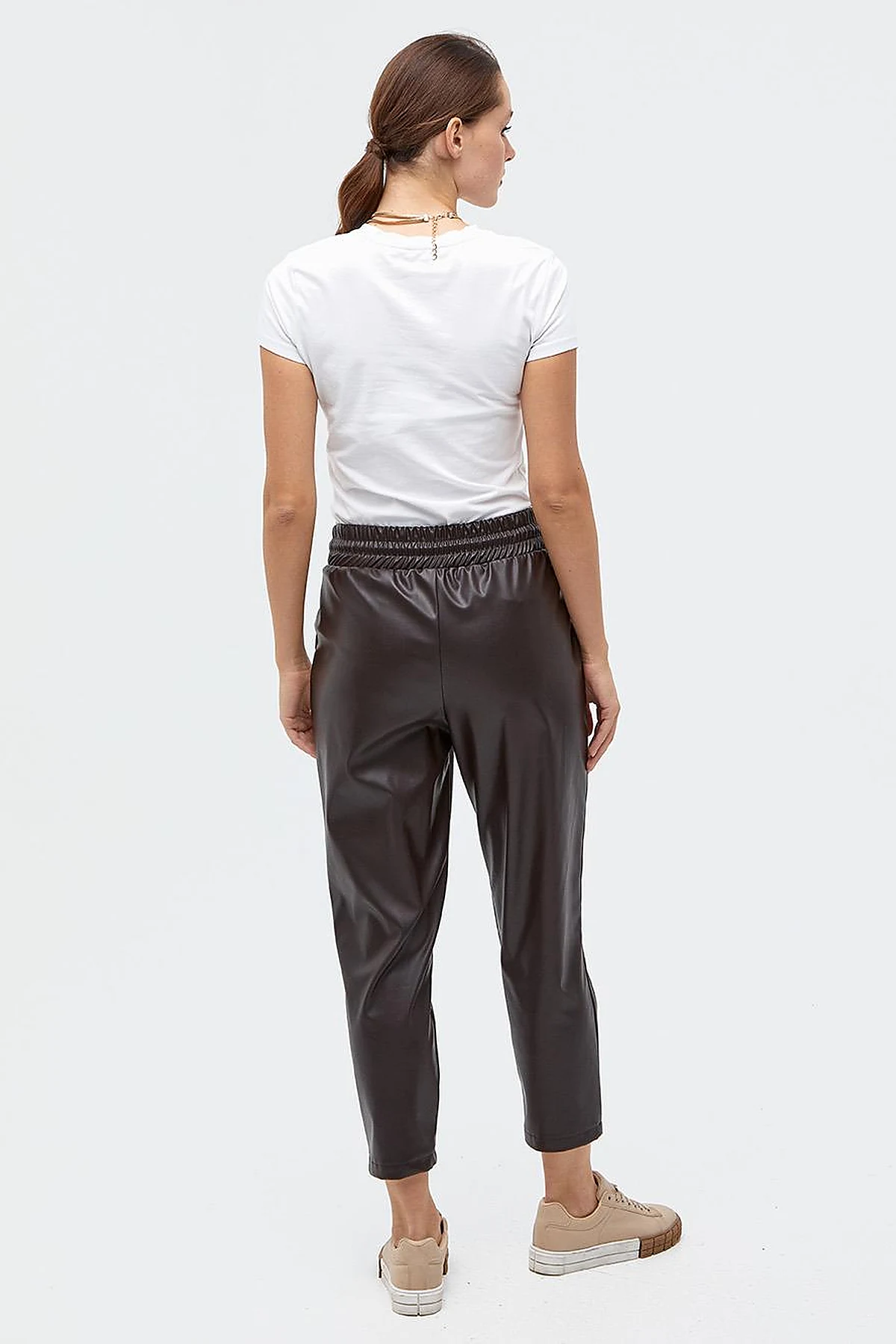  Elastic Waist Faux Leather Pants Brown 