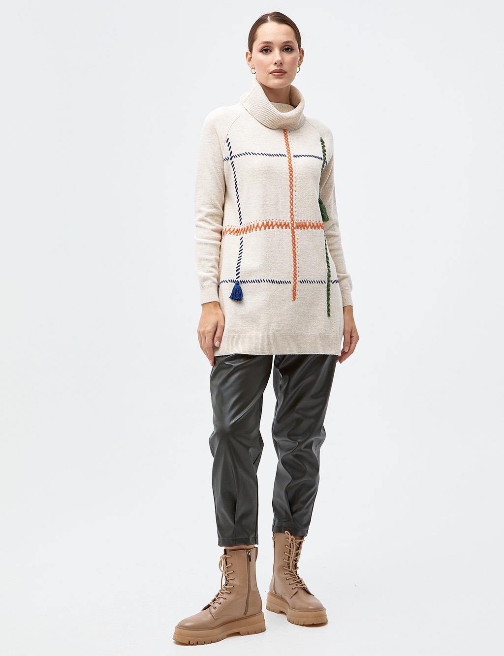 Stitch Detailed Turtleneck Knitwear Tunic Beige