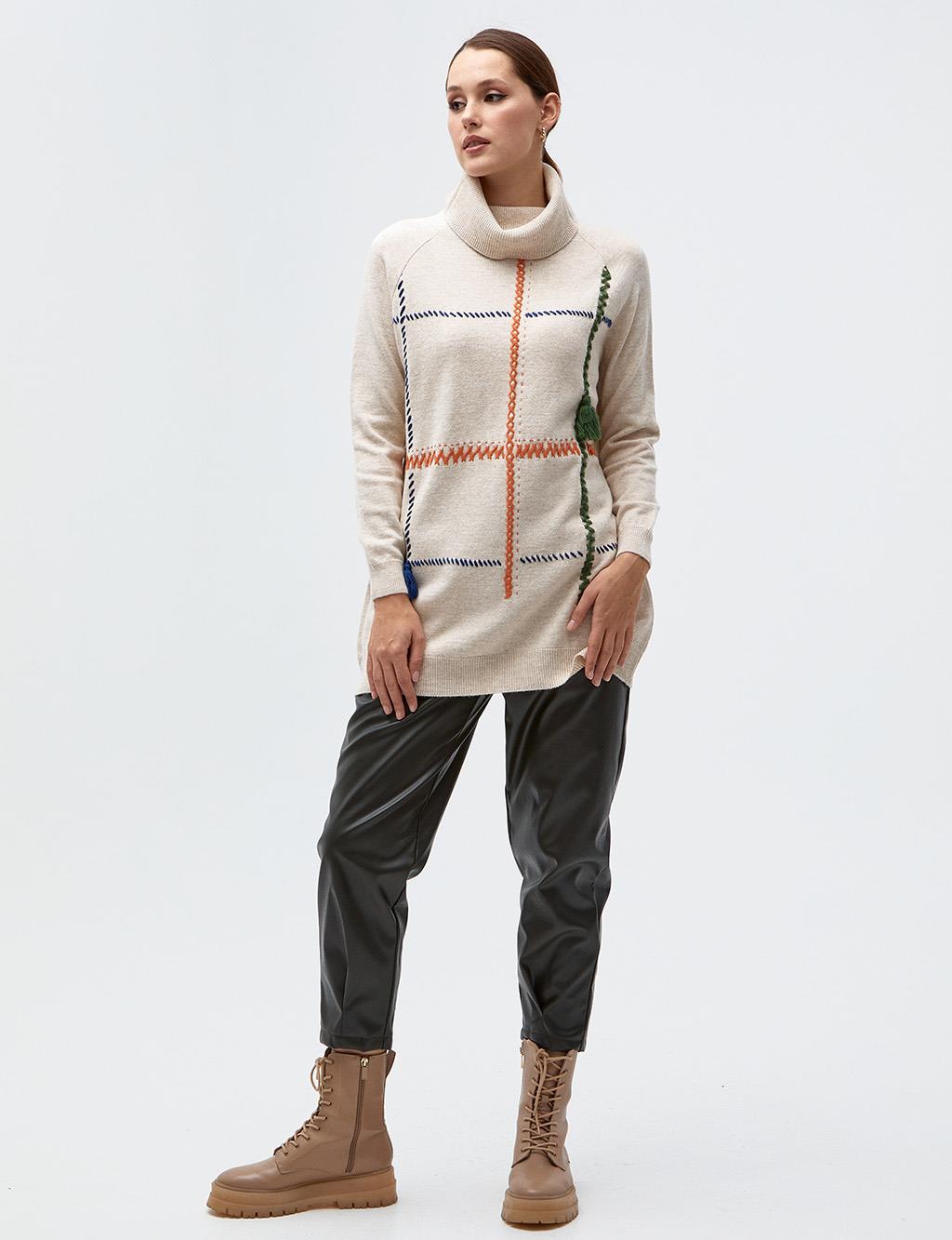 Stitch Detailed Turtleneck Knitwear Tunic Beige