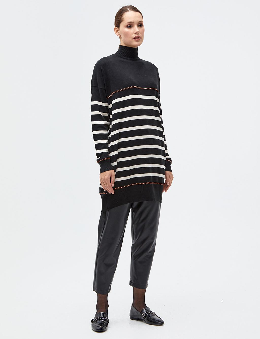 Striped Half Turtleneck Knitwear Tunic Black