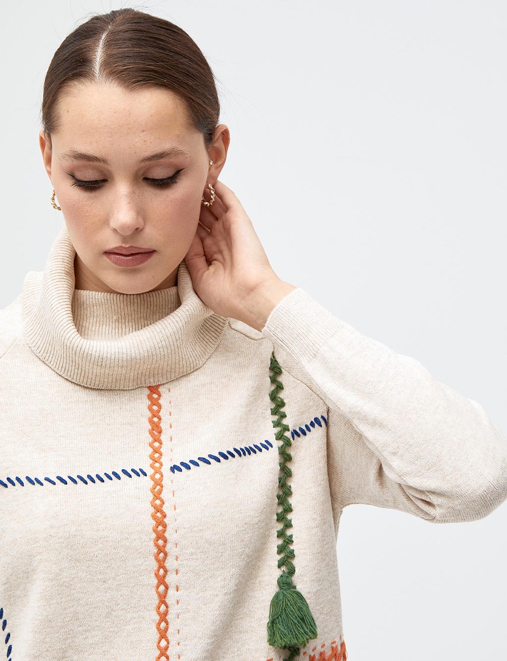 Stitch Detailed Turtleneck Knitwear Tunic Beige