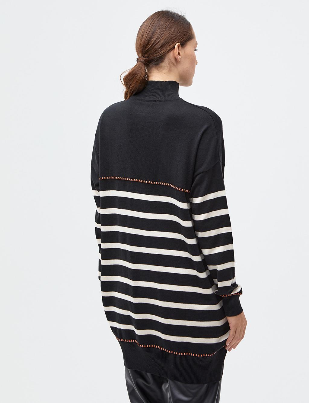 Striped Half Turtleneck Knitwear Tunic Black