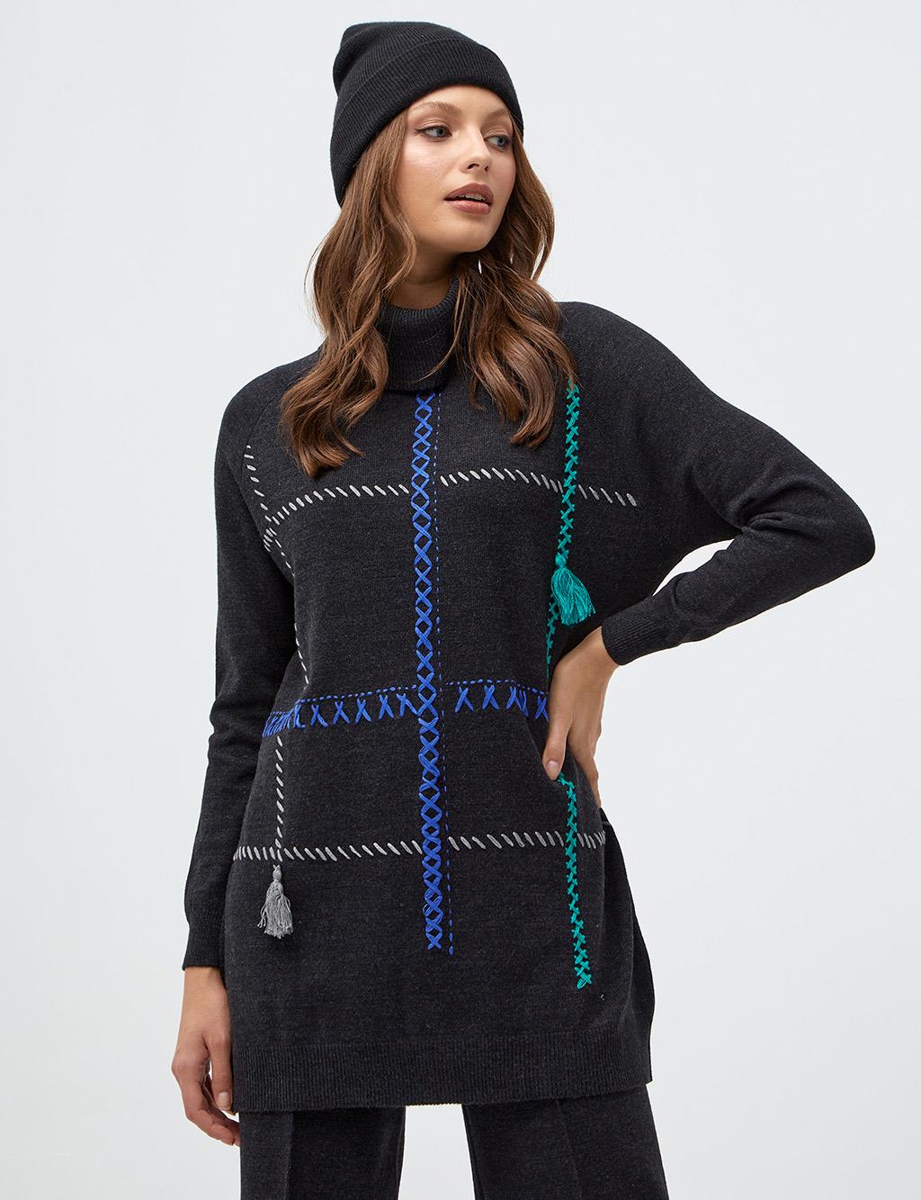 Stitch Detailed Turtleneck Knitwear Tunic Black