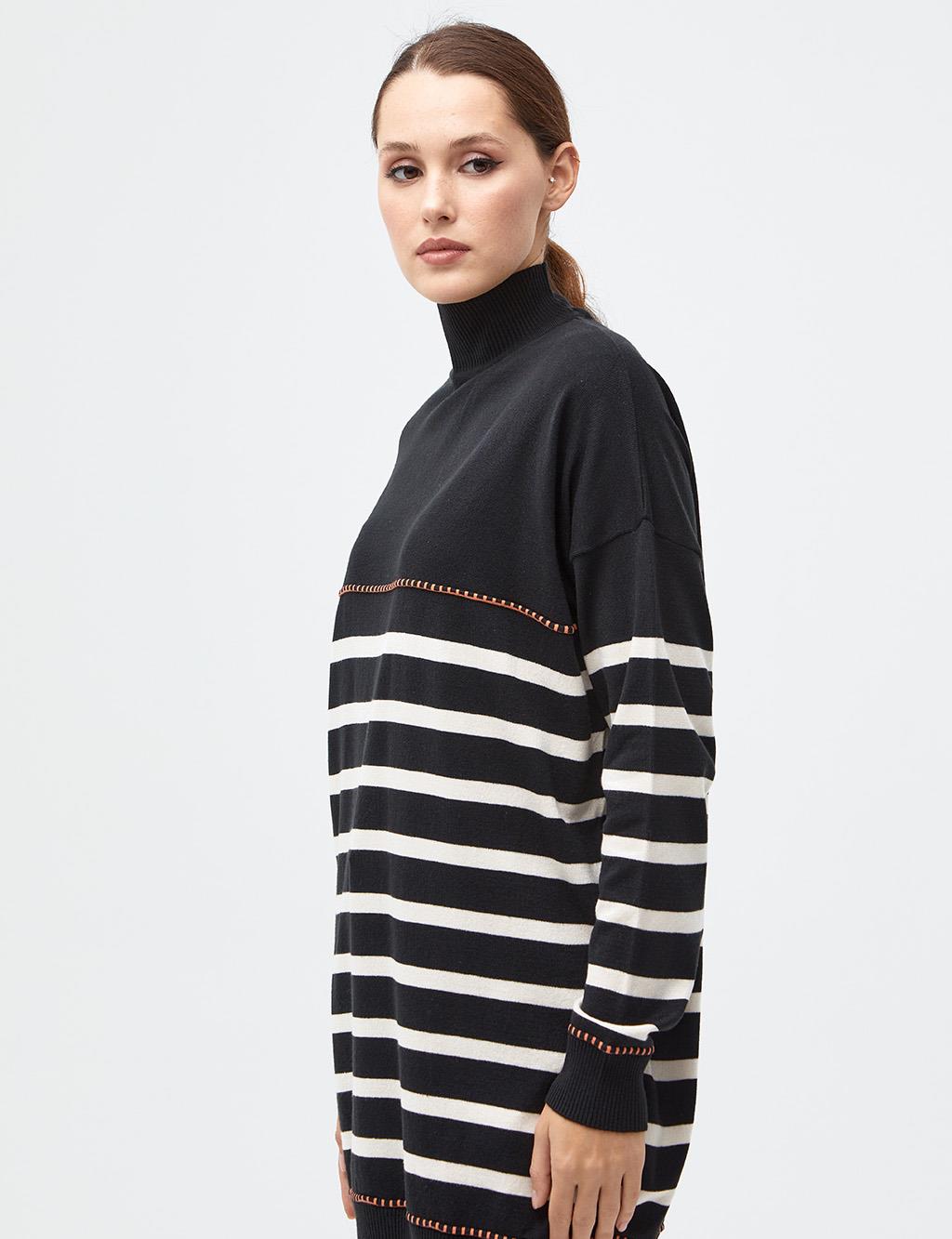 Striped Half Turtleneck Knitwear Tunic Black