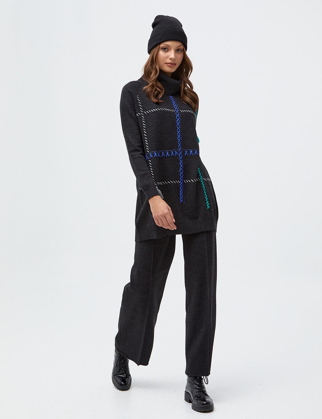 Stitch Detailed Turtleneck Knitwear Tunic Black