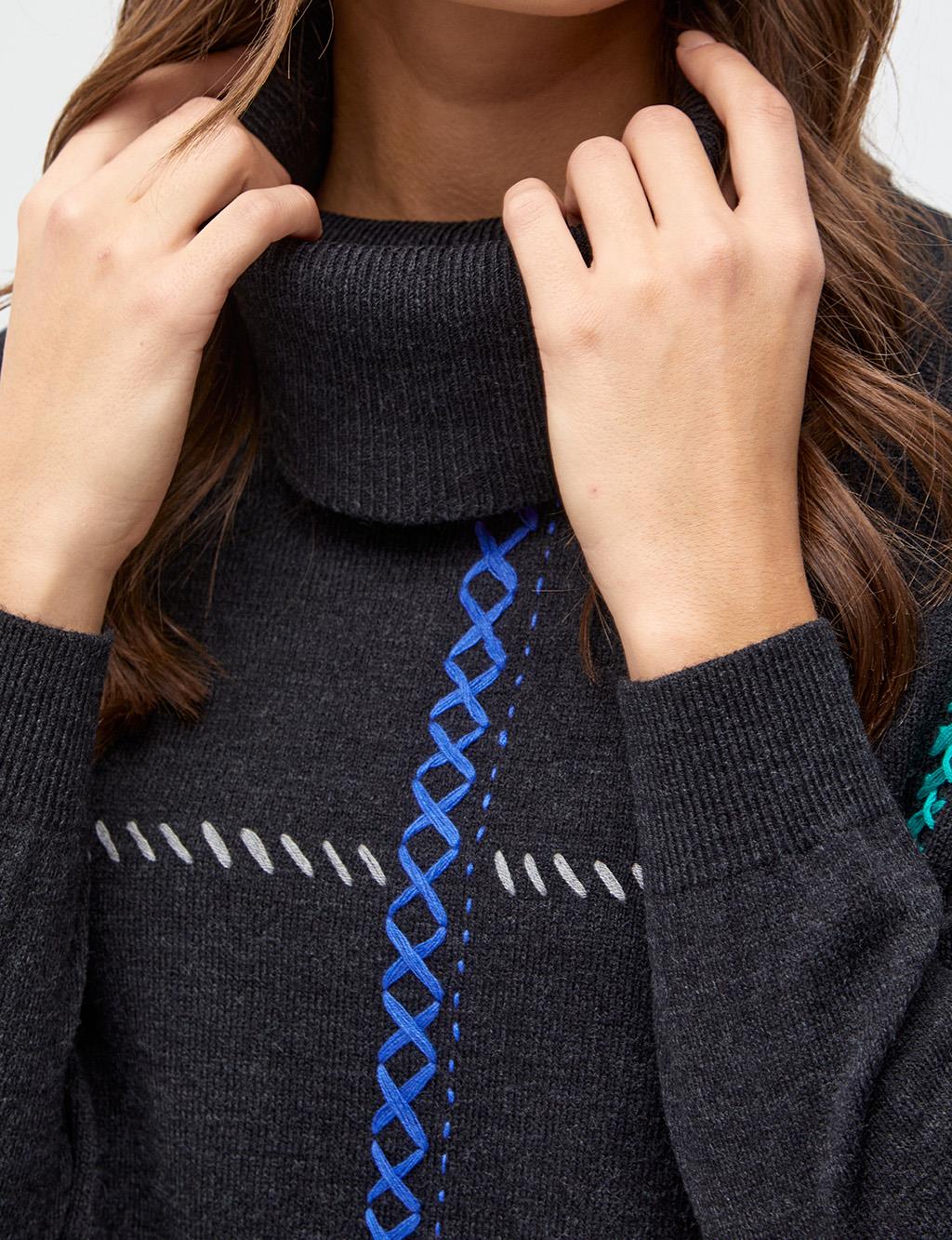 Stitch Detailed Turtleneck Knitwear Tunic Black