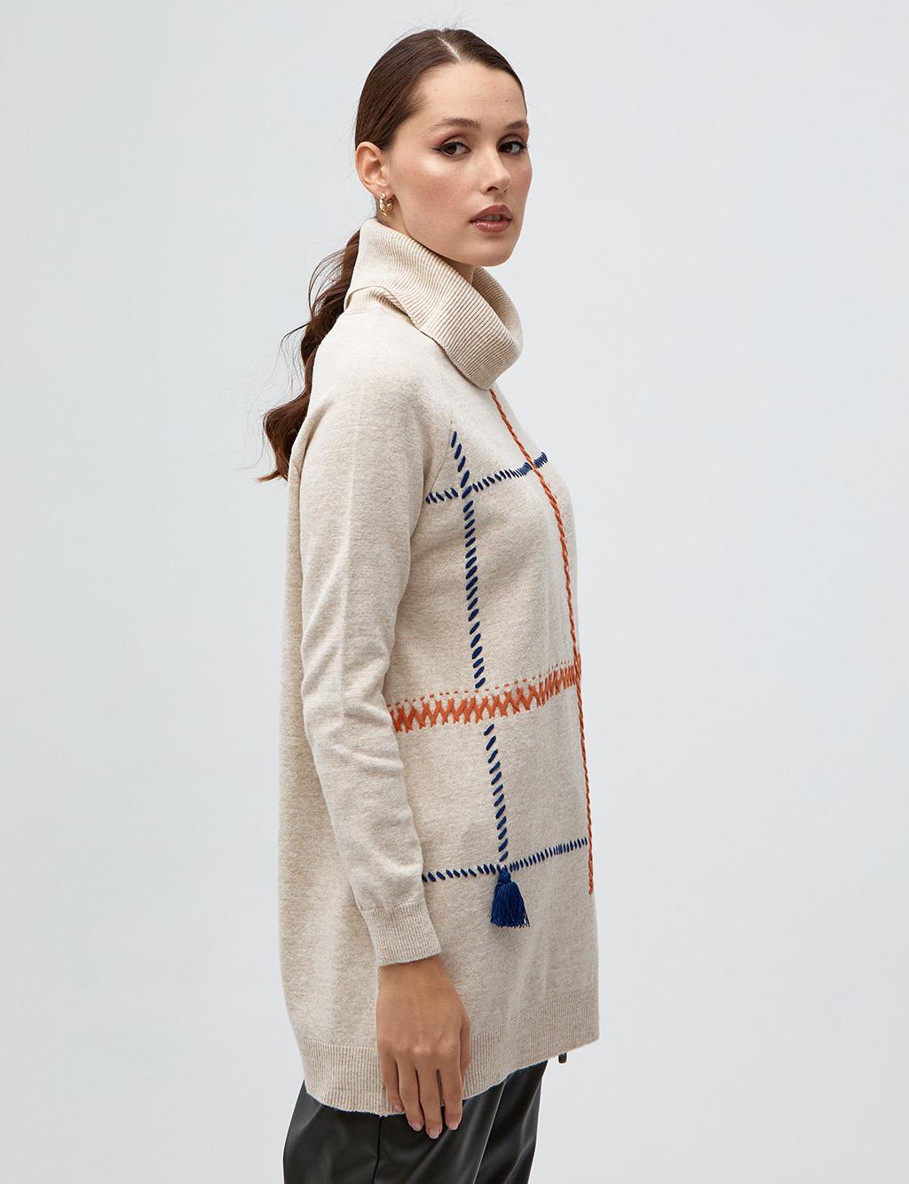 Stitch Detailed Turtleneck Knitwear Tunic Beige