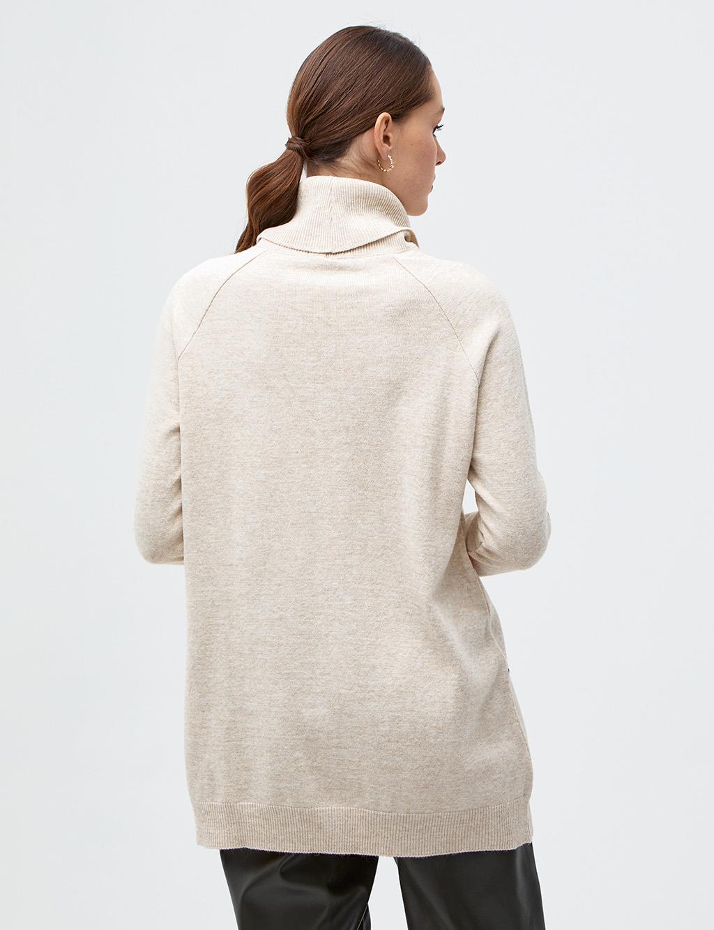 Stitch Detailed Turtleneck Knitwear Tunic Beige