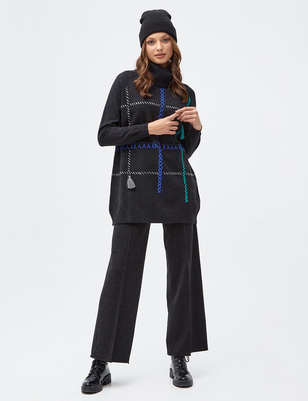 Stitch Detailed Turtleneck Knitwear Tunic Black